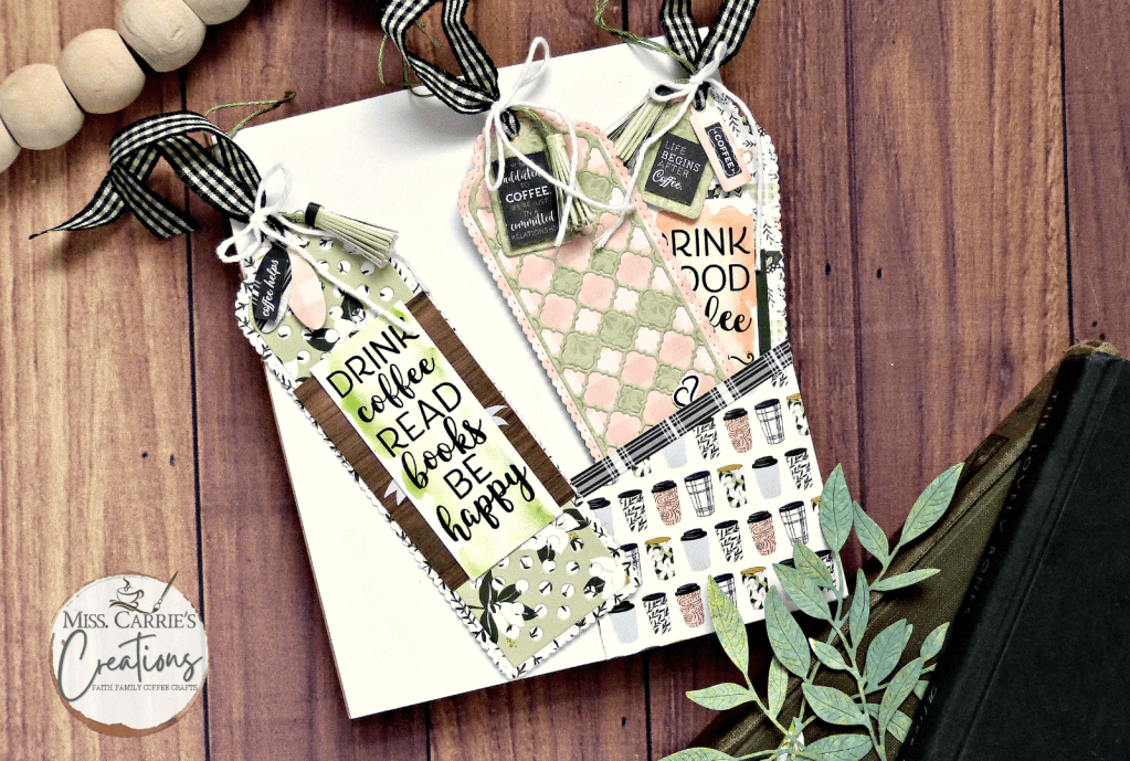bookmarks created with dies and stamps from Jillian Vance Design. Bookmarks have watercolor book images. Paper pack is from Echo park Coffee and Friends. 