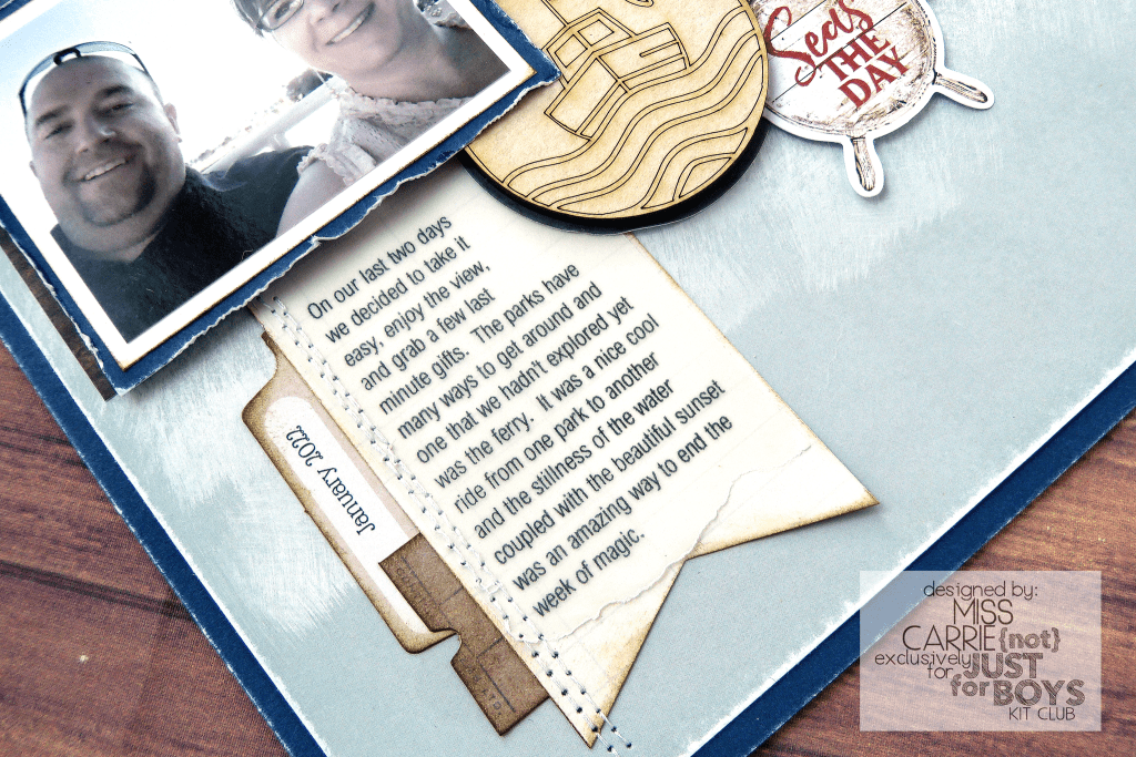 disney scrapbook page of world showcase ferry using not just for boys kit club limitless kit with Echo Park All Boy, Simple Stories Simple Vintage Vintage Seas, Simple Stories Color Vibe, and Elle's studio magical memories. 