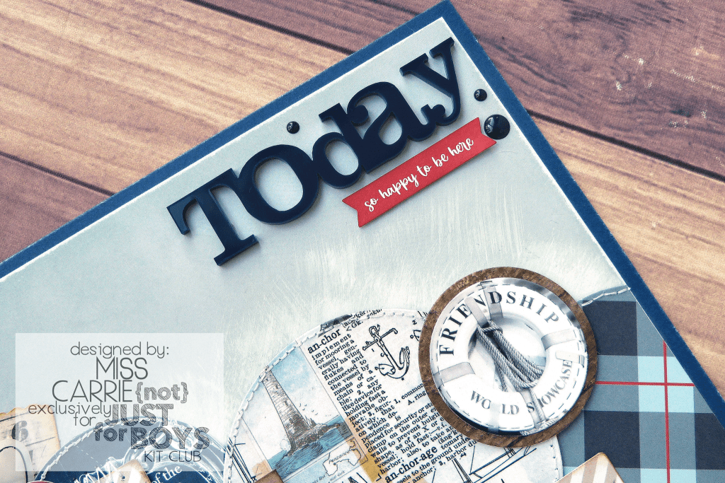 disney scrapbook page of world showcase ferry using not just for boys kit club limitless kit with Echo Park All Boy, Simple Stories Simple Vintage Vintage Seas, Simple Stories Color Vibe, and Elle's studio magical memories. 