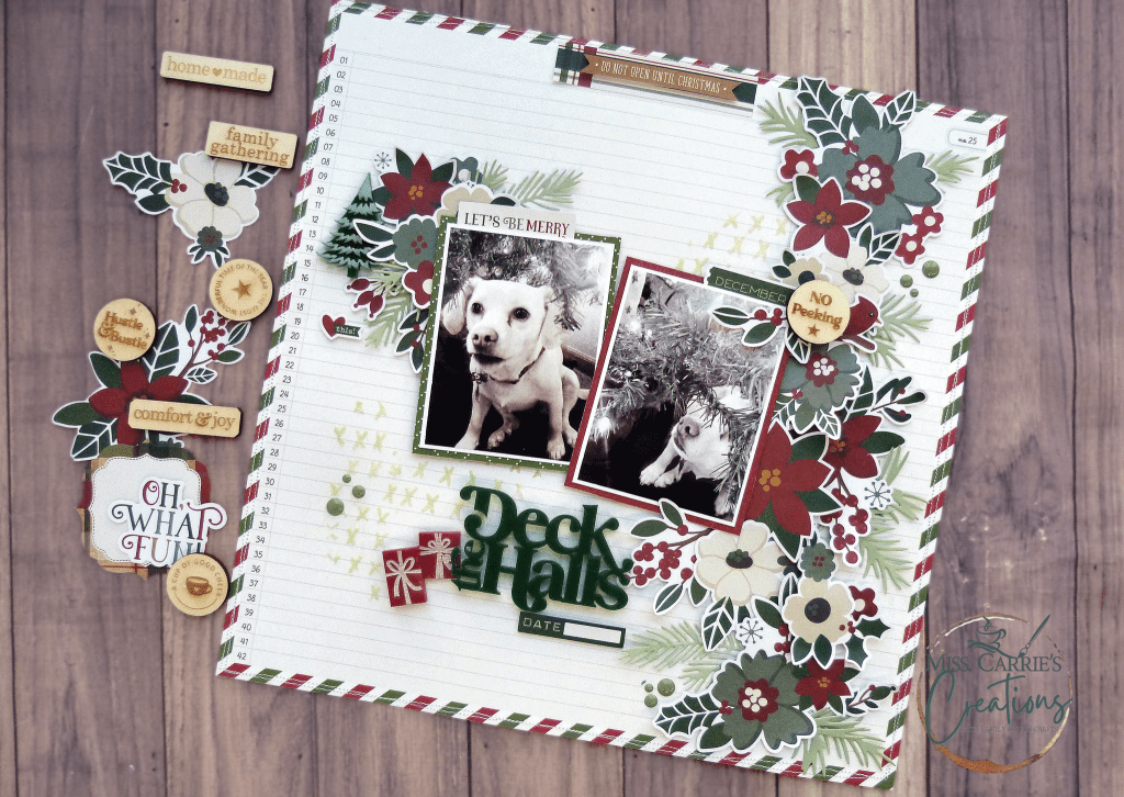 pet christmas scrapbook page using simple stories hearth and holiday, bramble fox deck the halls, and hero arts glitter paste