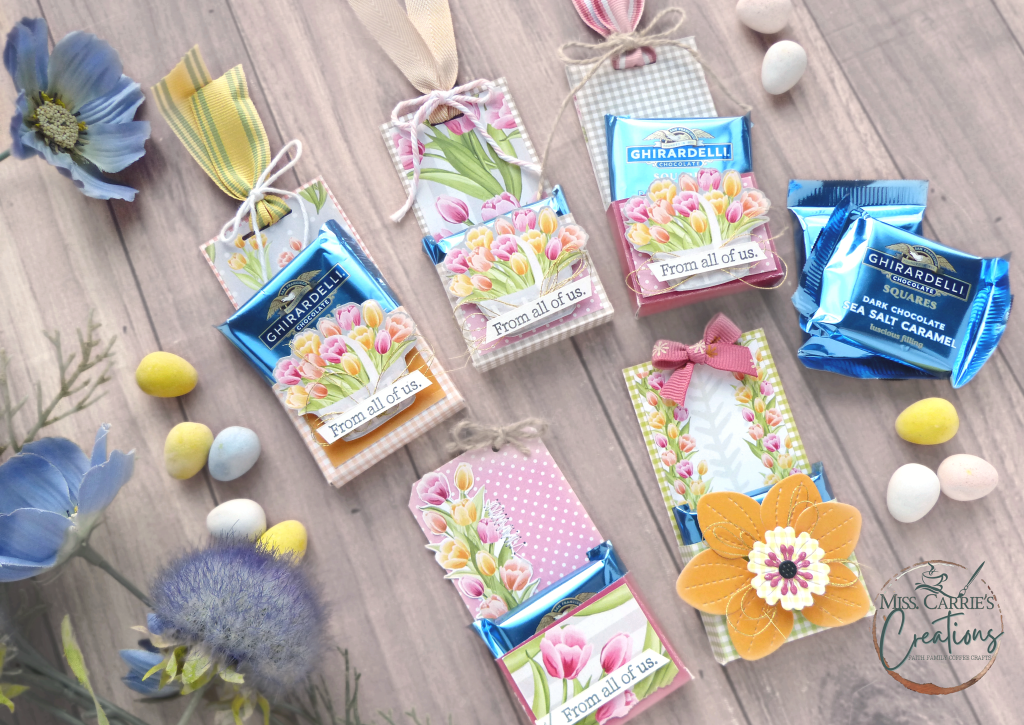 chocolate treat boxes created with a scoreboard for easter using not 2 shabby march paper pads