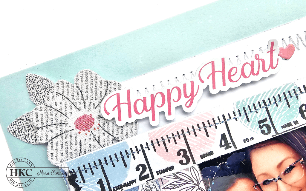 happy heart title with fabric flower - back to school scrapbook layout created with tags using the April 2023 Hip Kit club kit