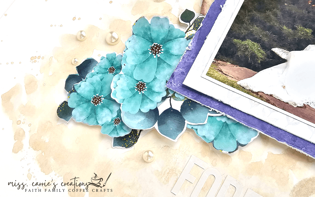 blue florals from June Shimmerz kit - wedding scrapbook layout using shimmerz watercolor paints and stencils