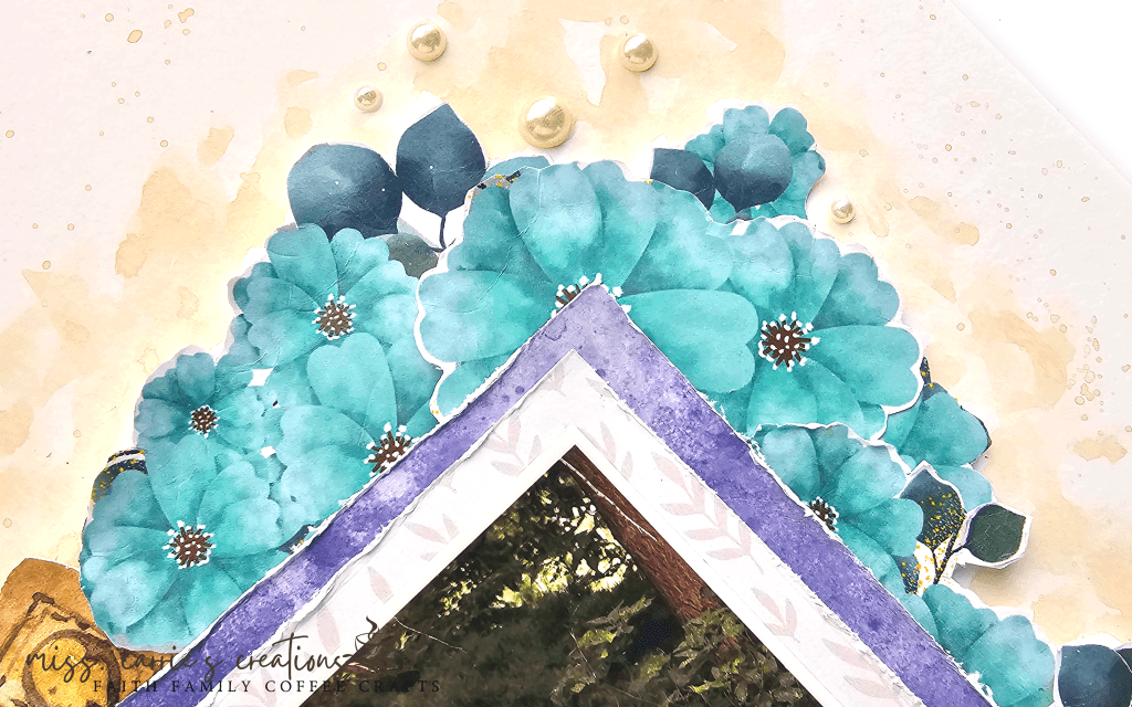 blue florals with pearls - wedding scrapbook layout using shimmerz watercolor paints and stencils