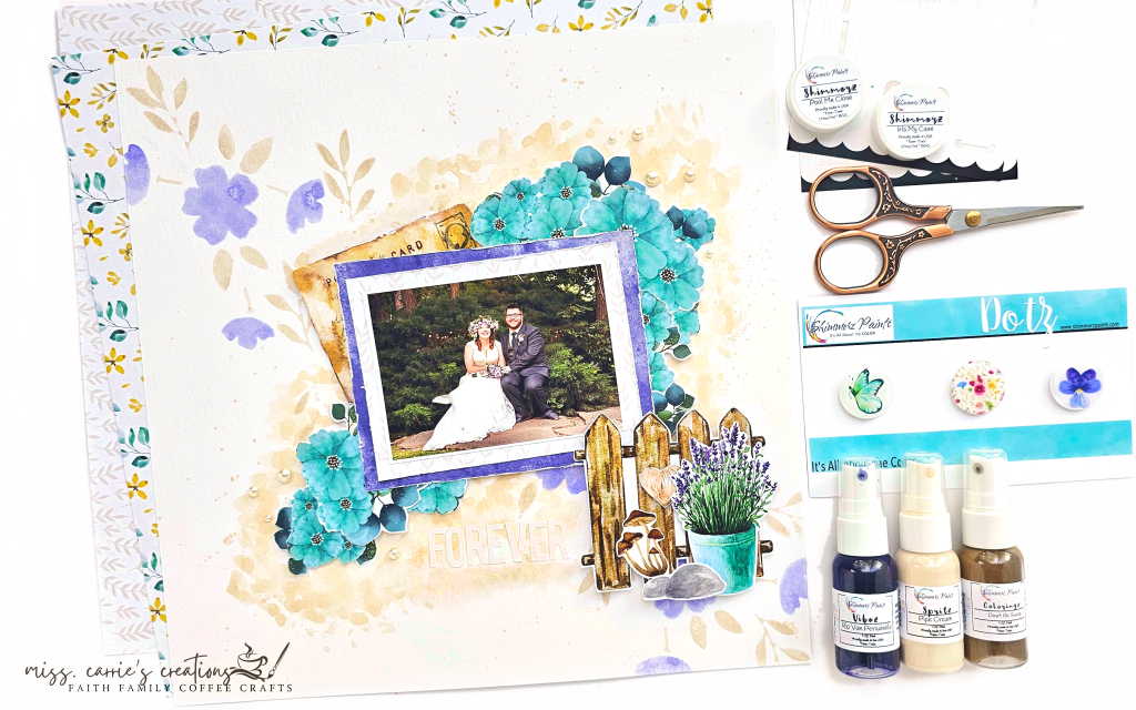 wedding scrapbook layout using shimmerz watercolor paints and stencils
