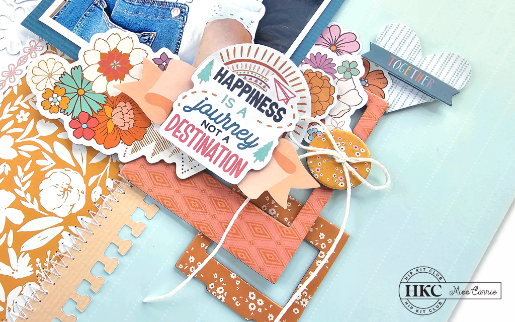 happiness is a journey sticker with chipboard frames - summer scrapbook page with a complementary color scheme using june hip kit and floral cut files