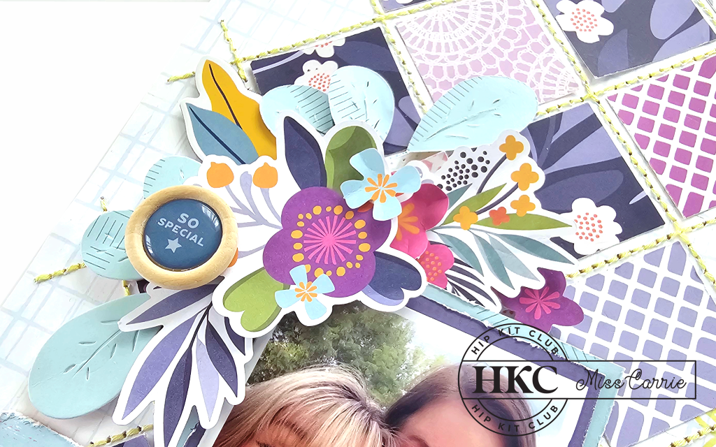floral cluster with wooden button - back to school teen page using Hip Kit September 2023 kit, Catherine Pooler Inks, and Number Stamp