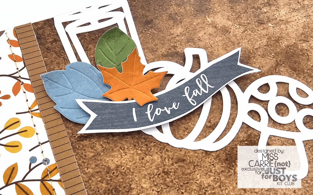 I love fall title with die cut leaves - masculine fall scrapbook page using a fall wreath cut in half on the design with simple stories acorn lane, paper rose textures