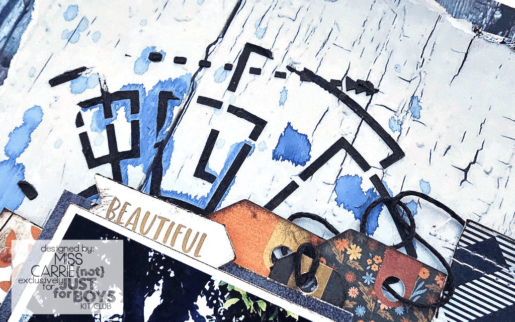 black texture paste stenciling with industrial circle splatter with rock-a-feller shimmerz - edgy teen scrapbook page with a woodgrain background and mixed media featuring items from the NJFB November Rain kit, paper rose, simple stories acorn lane, ranger black texture paste, american crafts farmstead harvest, and shimmerz paints, 