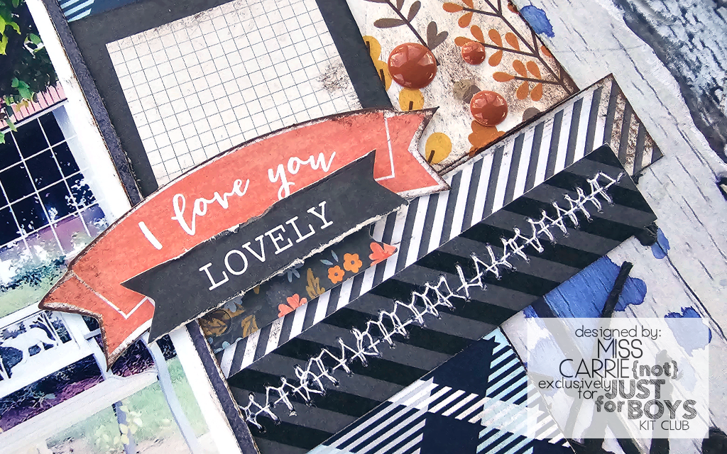 love you lovely title - edgy teen scrapbook page with a woodgrain background and mixed media featuring items from the NJFB November Rain kit, paper rose, simple stories acorn lane, ranger black texture paste, american crafts farmstead harvest, and shimmerz paints, 