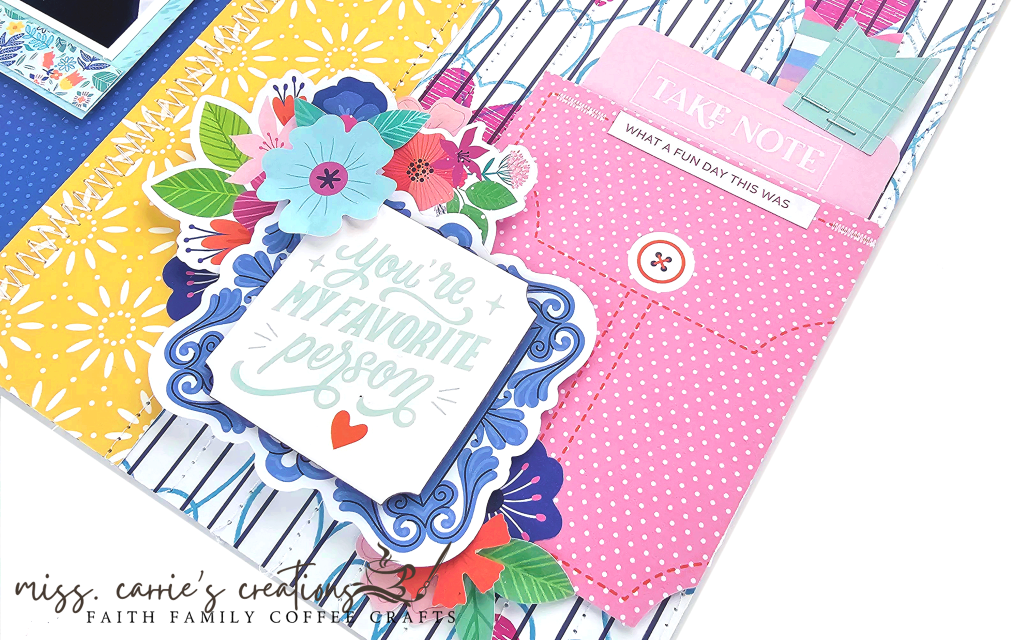 pink pocket with a journal card, title over the top that says you're my favorite person - best friends scrapbook page with bright colors using the february hip kit collection. Paper paper was created with stamps and hero arts ink. 