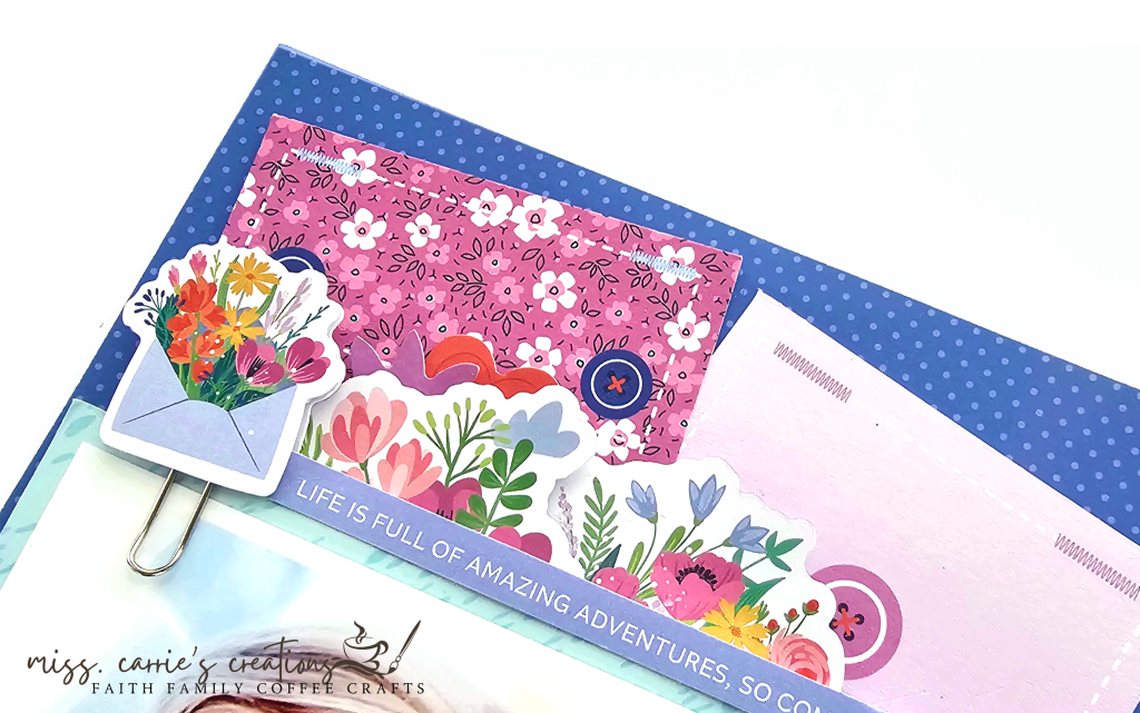 two small pocket pieces and floral envelope clip above the photo - best friends scrapbook page with bright colors using the february hip kit collection. Paper paper was created with stamps and hero arts ink. 