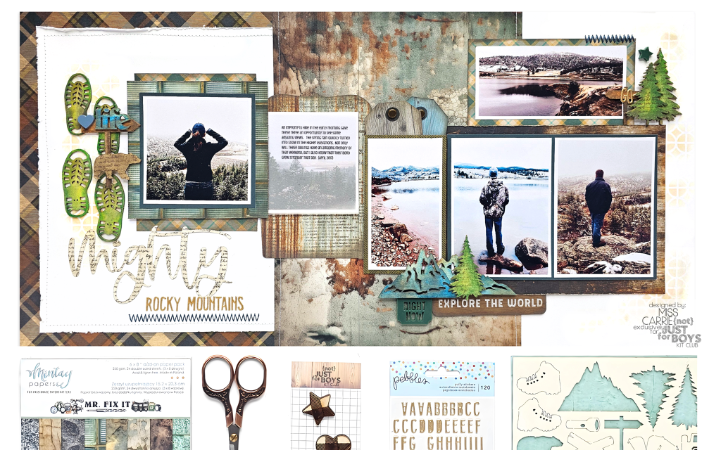 two page mountain theme scrapbook layout using Mintay Mr. Fix it, Mintay the Great Outdoors, PhotoPlay Cabin plaid and the Powerhouse Not Just for Boys kit club kit