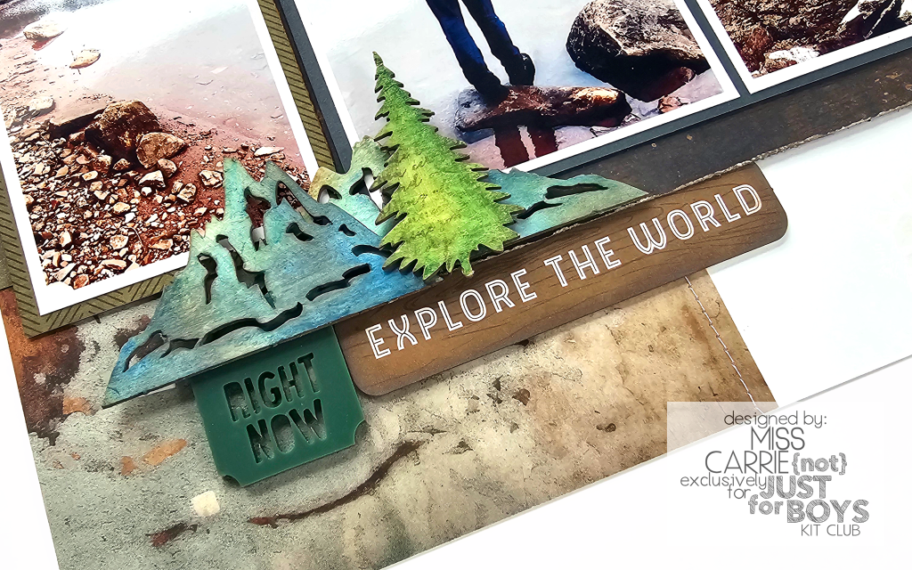 mintay the great outdoors chippies with explore the world phrase. trees and mountains shaded with tim holtz distress watercolor pencils and stamped with hero arts background images