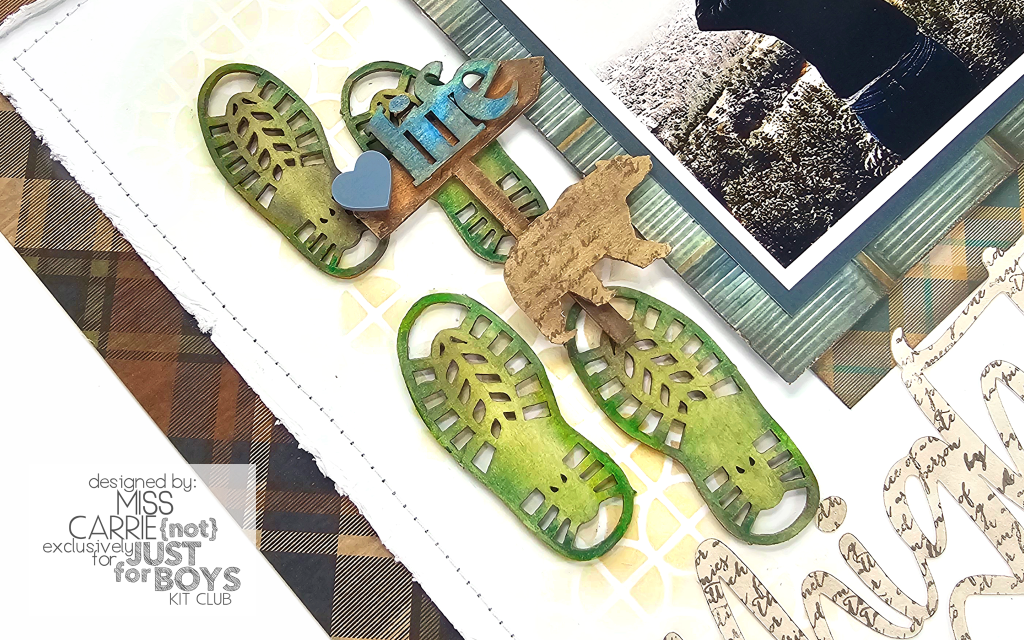 mintay the great outdoors chippies with boot prints, bear, and life. shaded with tim holtz distress watercolor pencils and stamped with hero arts background images