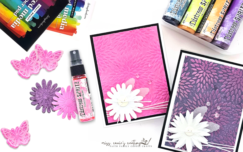 cards created with Tim Holtz Distress Spritz by Ranger Ink 