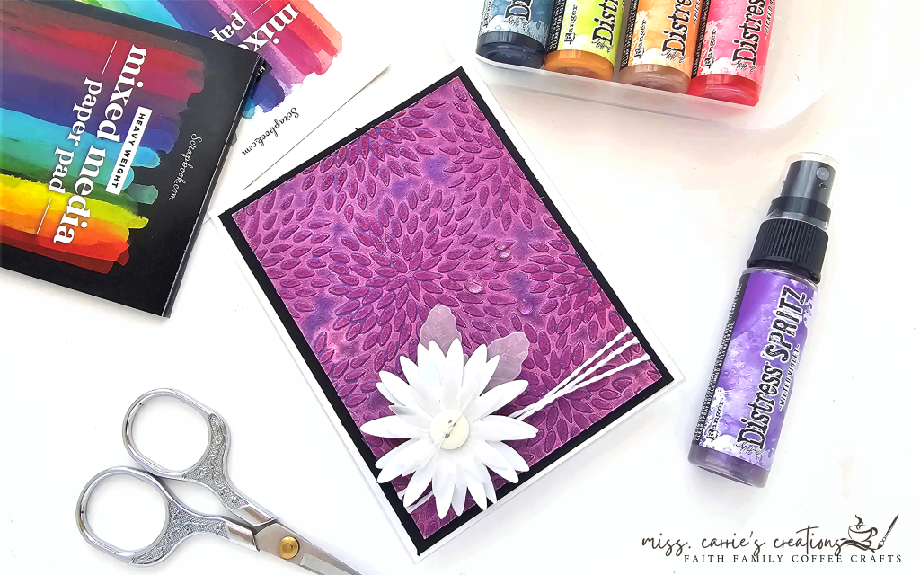 purple mixed media card created with Tim Holtz Distress Spritz by Ranger Ink sample flowers