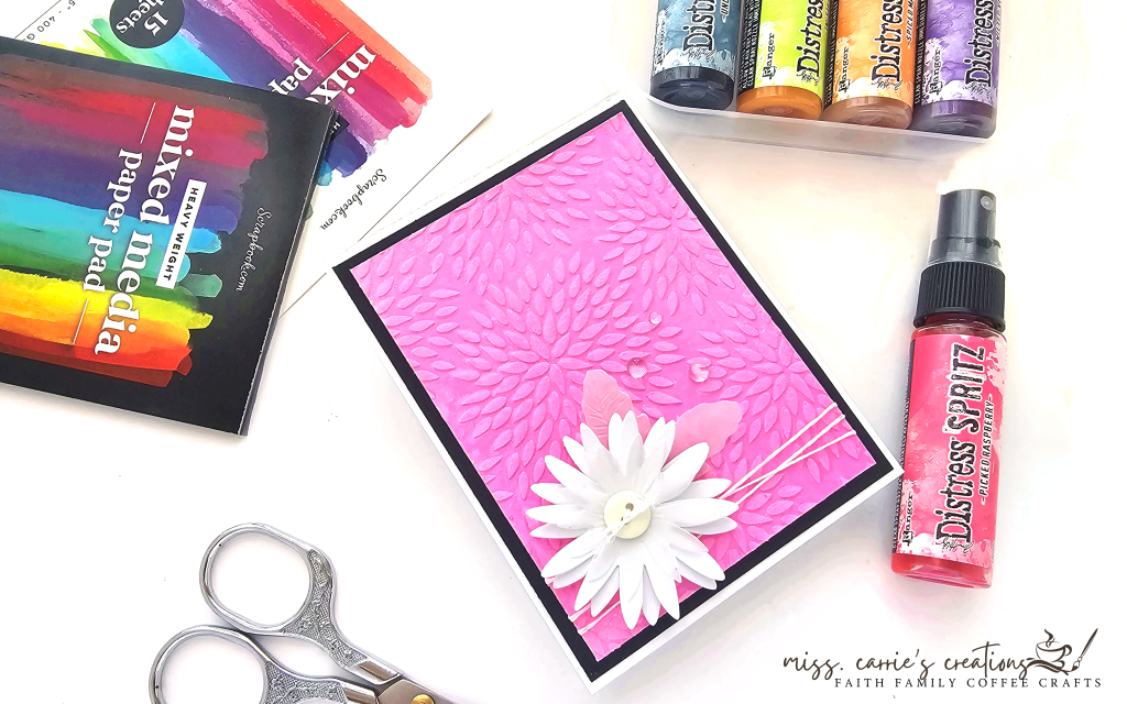pink mixed media card created with Tim Holtz Distress Spritz by Ranger Ink sample flowers